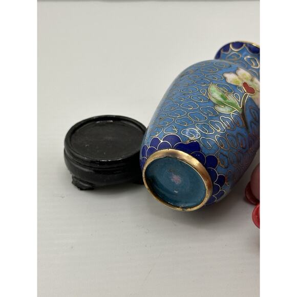 Vintage Mini Chinese Enameled Cloisonne Vase w/ Stand 3 inch Blue PinkFloral - Picture 7 of 8